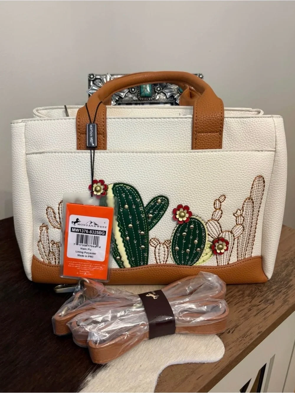 Montana West Cream & Tan Cactus Embroidered Satchel Tote